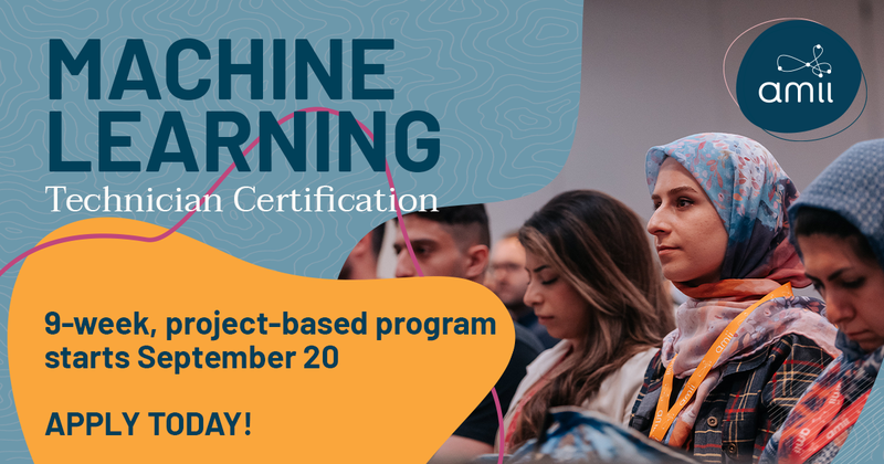 Image d'étudiants apprenant avec du texte : "Certification de technicien en apprentissage automatique - Le programme de 9 semaines, basé sur des projets, commence le 20 septembre - Postulez dès aujourd'hui !"