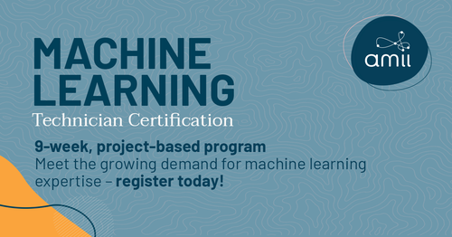 Texte sur fond bleu : " Certification de technicien en apprentissage automatique ". Programme de 9 semaines, basé sur des projets. Répondez à la demande croissante d'expertise en apprentissage automatique - inscrivez-vous dès aujourd'hui !"