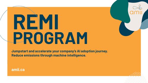 Texte : "Programme REMI. Lancez et accélérez le parcours d'adoption de l'IA de votre entreprise. Réduisez les émissions grâce à l'intelligence artificielle." sur fond jaune